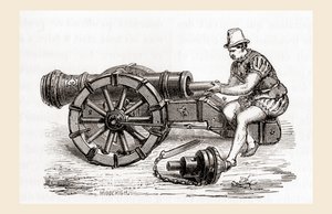 Un canon allemand à chargement par la culasse du XVIe siècle, de Les Merveilles de la Science, publié vers 1870 (gravure)