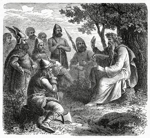 Un barde récitant aux Northmen, vers 1882 - French School