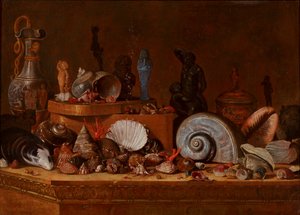 Cabinet de curiosités : Coquillages avec corail et boîte en bois ainsi que des antiquités dont un Ushabti égyptien sur un socle en pierre, vers 1730-70 (huile sur toile) - French School