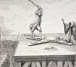 Un criminel condamné à mort brisé sur une croix de Saint-André en France au XVIIIe siècle, 1875