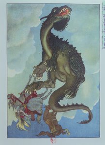Un dragon tombant du ciel, illustration du conte hongrois 