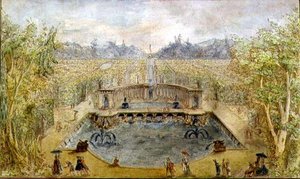 Un jardin formel avec des fontaines, vers 1770 - French School