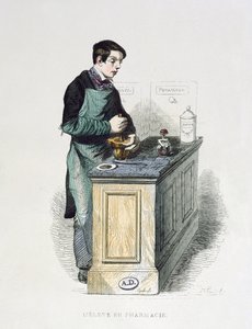 Un étudiant en pharmacie préparant des médicaments, illustration tirée de Les Français peints par eux-mêmes, Éditions L. Curmer, 1841 (gravure en couleur) - French School