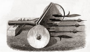 Un ribauldequin, machine infernale ou orgue à canon, armé de petits canons et de piques, extrait de Les Merveilles de la Science, publié vers 1870 (gravure) - French School