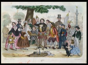 Un magicien de rue près de la Place de la Bastille, Paris, gravé par H. Jannin, vers 1840-50 - French School