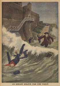 Un enfant emporté par une vague (lithographie en couleur) - French School