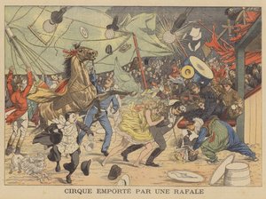 Un chapiteau de cirque emporté par une rafale de vent (lithographie couleur) - French School