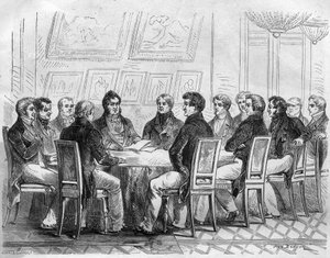 Un conciliable de députés de la bourgeoisie au Palais Royal à Paris sous Charles X et la Restauration. Gravure dans « Histoire des Papes-Rois-Reines et Empereurs à travers les siècles » par Maurice Lachatre - French School