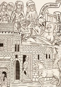 Un pécheur mourant entouré de sa famille et deux diables chuchotant à son oreille, page du texte du XVe siècle Ars Moriendi ou L