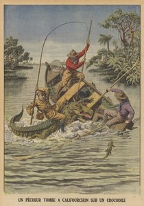Un pêcheur tombant à califourchon sur un crocodile après que celui-ci a renversé son bateau - French School