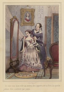 Une fille se préparant à aller à une fête (lithographie couleur)