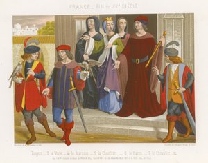 Un groupe de personnes en tenues du XVe siècle - French School