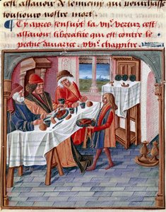 Un homme partage sa table avec un pauvre dans le besoin Miniature tirée de « Le livre de bonnes mœurs de Jacques Legrand » 1490 Chantilly, Musée Condé - French School