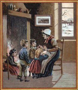 Une mère raconte des histoires à ses enfants près du feu. Couverture du livre « Les contes du foyer pour les petits ». Gravure anonyme du 19ème siècle.