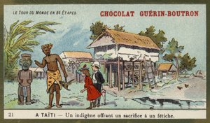 Un indigène offrant un sacrifice à une idole, Tahiti - French School