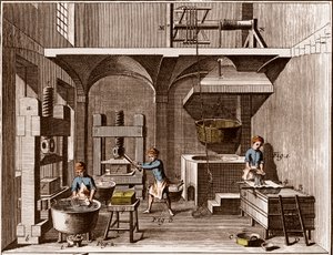 Une papeterie - Papeterie : Collage - "La Grande Encyclopédie, ou Dictionnaire Raisonné des Sciences, des Arts et des Métiers" par Denis Diderot (1713-1784) et Jean d