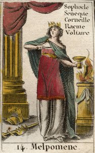 Représentation de Melpomène, muse de la Tragédie, elle porte une couronne, un sceptre et un poignard, ainsi qu