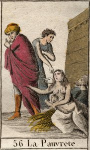 Représentation de la Pauvreté, pieds nus et vêtue de haillons, assise sur de la paille. De « Mythologie de la jeunesse » par Pierre Blanchard 1803. - French School