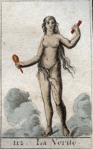 Représentation de la Vérité, comme une jeune femme nue avec un visage candide, elle tient un miroir. De « Mythologie de la jeunesse » par Pierre Blanchard 1803. - French School
