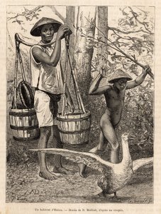 Un habitant de Hatien (Vietnam) portant des seaux et un panier, et un enfant chassant une oie avec un bâton (illustration du voyage en Cochinchine, par le docteur Morice, 1872, publié dans "Le tour du monde" 1875) - French School