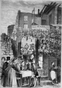 Un restaurant dans les ruines du château de Saint-Cloud pendant le carnaval - French School