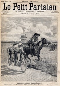 Un cavalier courait contre des vélocipédistes : William Frederic Cody (1846-1917), dit Buffalo Bill, connu comme le roi des cowboys et les cyclistes Gaby et Fournier en tandem. Dans le journal "Le Petit Parisien" le 26/11/1893 (gravure) - French School