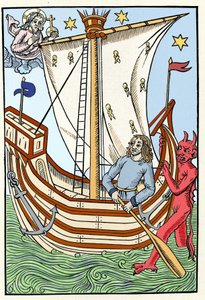 Un navire parmi les dangers de la mer. Un démon saisit la proue tandis que Dieu se manifeste à gauche. Gravure de "Le Grand Calendrier et Compost des Bergers", Troyes 1491