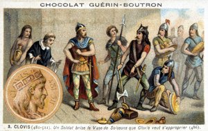 Un soldat brise le vase de Soissons que Clovis veut posséder, 486 - French School
