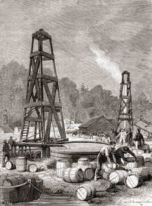 Une source de pétrole à Oil Creek sur la rivière Allegheny, Pennsylvanie, USA en 1858, découverte par Edwin Laurentine Drake, alias Colonel Drake, de 