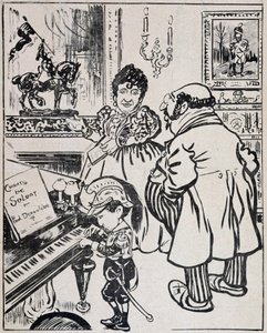 Une bronze usée, caricature avec des cuirassés, partition pour Deroulede au piano et statuette de Jeanne d