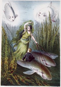 Une femme et un garçon fuyant des poissons géants sur des requins - dans "Voyage au fond de la mer" par H. de la Blanchère. Paris, éd. Jouvet et Cie, sd. 1880.