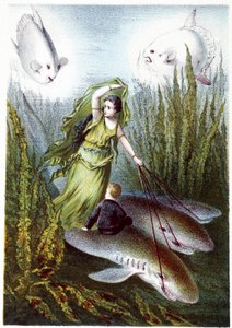 Une femme et un garçon fuyant des poissons géants sur des requins - dans « Voyage au fond de la mer » par H. de la Blanchère. Paris, éd. Jouvet et Cie, sd. 1880 - French School