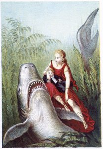 Une femme et un garçon chevauchant un requin - dans "Voyage au fond de la mer" par H. de la Blanchère. Paris, éd. Jouvet et Cie, sd. 1880 - French School