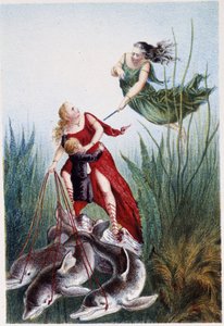Une femme attaquant une autre femme et un garçon conduit par des dauphins - dans « Voyage au fond de la mer » par H. de la Blanchère. Paris, éd. Jouvet et Cie, sd. 1880.