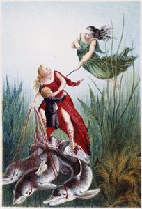 Une femme attaquant une autre femme et un garçon mené par des dauphins - dans « Voyage au fond de la mer » par H. de la Blanchère. Paris, éd. Jouvet et Cie, sd. 1880. (double 02947)