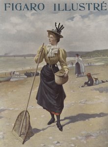 Une femme marchant sur une plage portant du matériel de pêche