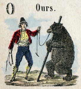 Abécédaire. Lettre O comme ours en montre. Petit alphabet encyclopédique, série populaire. Imagerie d