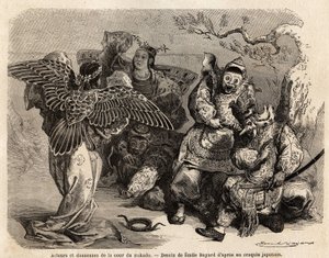 Acteurs et danseurs de la cour du Mikado en costume de scène. Gravure pour illustrer le voyage au Japon en 1863-1864, par Aimé Humbert, ministre de la Confédération suisse, dans « Le tour du monde, nouveau journal des voyages » - French School