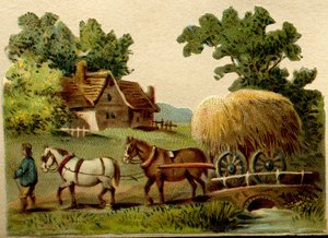 Chromolithographie publicitaire, représentant une scène rurale, deux chevaux menés par un fermier tirant une charrette de paille - French School