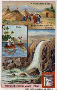 Carte publicitaire montrant un village de tribu nomade sur le Hilmend, des pêcheurs et la chute de la rivière Kaboul en Afghanistan. Chromolithographie du 19ème siècle - French School