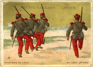 Publicité chromolithographique de Grevel-Gaillard, Lisieux, infanterie en ligne, un deux, un deux