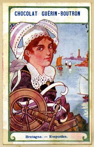 Chromolithographie publicitaire des chocolats Guérin Boutron, les coiffes des régions de France, Bretagne, Rosporden, illustration Emile Jammes - French School