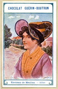 Publicité chromolithographique des chocolats Guerin Boutron, les coiffes des régions de France, environs de Moulins, Allier, illustration Emile Jammes - French School