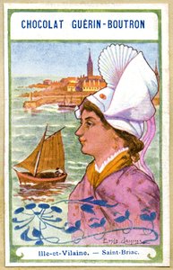 Publicité chromolithographique des chocolats Guerin Boutron, les coiffes des régions de France, Ille et Vilaine, Saint Briac, illustration Emile Jammes - French School