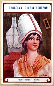 Publicité chromolithographique des chocolats Guerin Boutron, les coiffes des régions de France, Quillebeuf, Eure, illustration Emile Jammes - French School