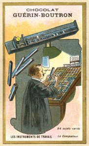 Chromolithographie publicitaire des chocolats Guerin Boutron, instruments de travail, 84 sujets variés, le composteur