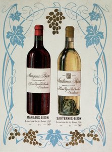 Publicité pour la vente de vin Margaux-Bijon et Sauternes-Bijon, 25frs les 12 bouteilles, 50frs sur 25 - French School