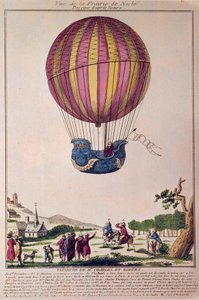 Aérostat : la deuxième tentative de vol en ballon. Charles et Robert descendent sur la Prairie de Nesle, près de Paris, après un voyage en ballon à gaz hydrogène le 01/12/1783. Gravure du XVIIIe siècle - French School