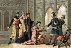 Après la mort de Louis X, la couronne revient à son frère cadet, Philippe V dit Le Long (1294-1322). La scène est assistée par les trois ordres féodaux. Chromolithographie vers 1890 - French School
