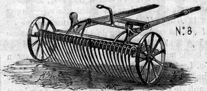 Machine agricole : un râteau à cheval anglais présenté au concours agricole de Paris en 1860. Gravure dans « Le Monde Illustré » n°169 du 7 juillet 1860